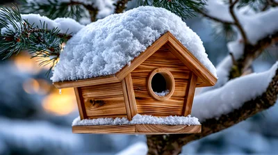 Wooden Birdhouse Covered In Fresh Winter Snow