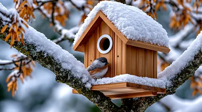 Small Bird Perched on Snowy Wooden Birdhouse