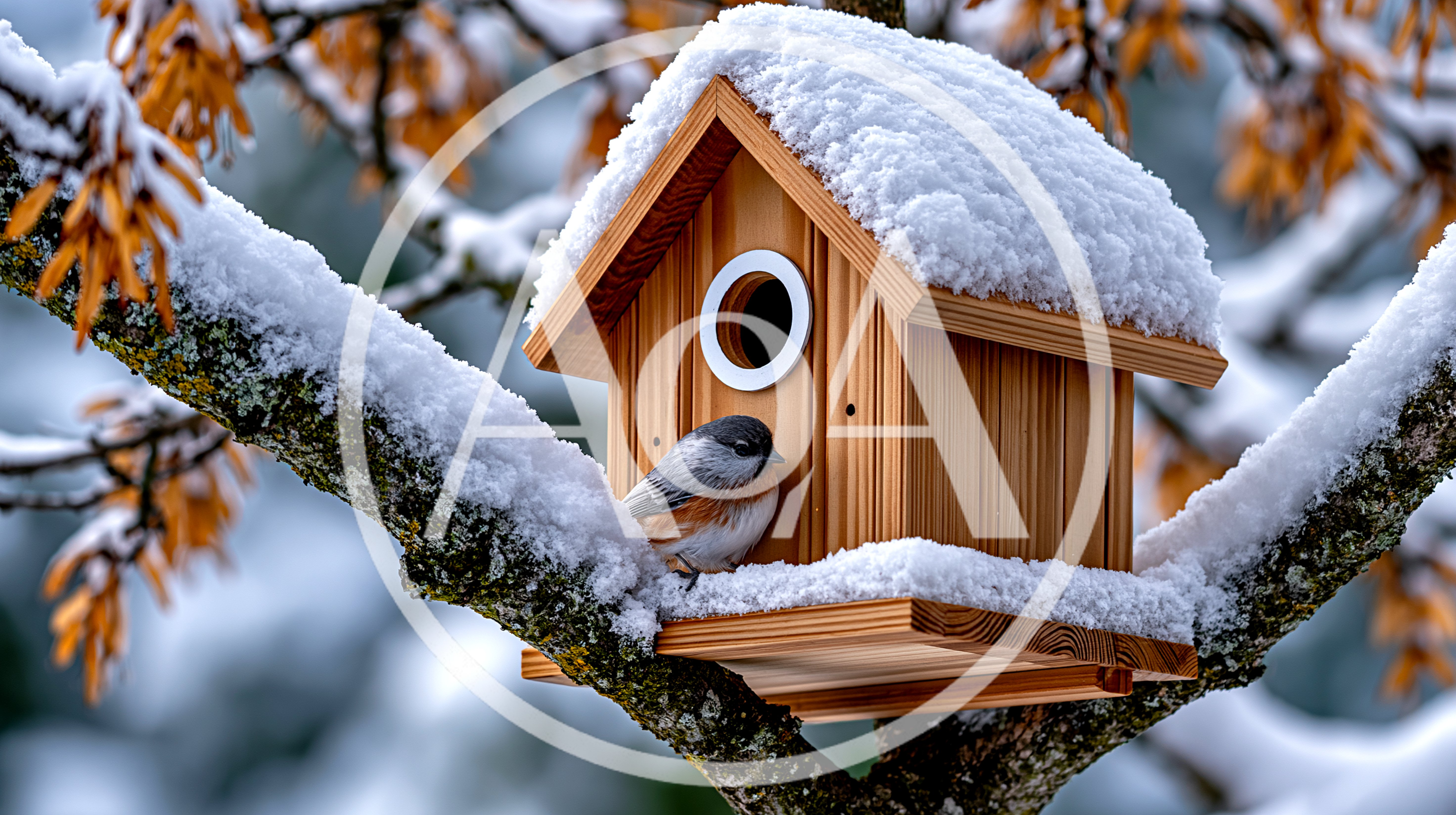 Small Bird Perched on Snowy Wooden Birdhouse