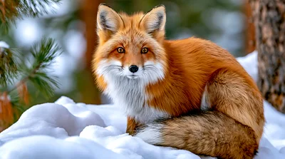 Red Fox Sitting In Snowy Forest Landscape
