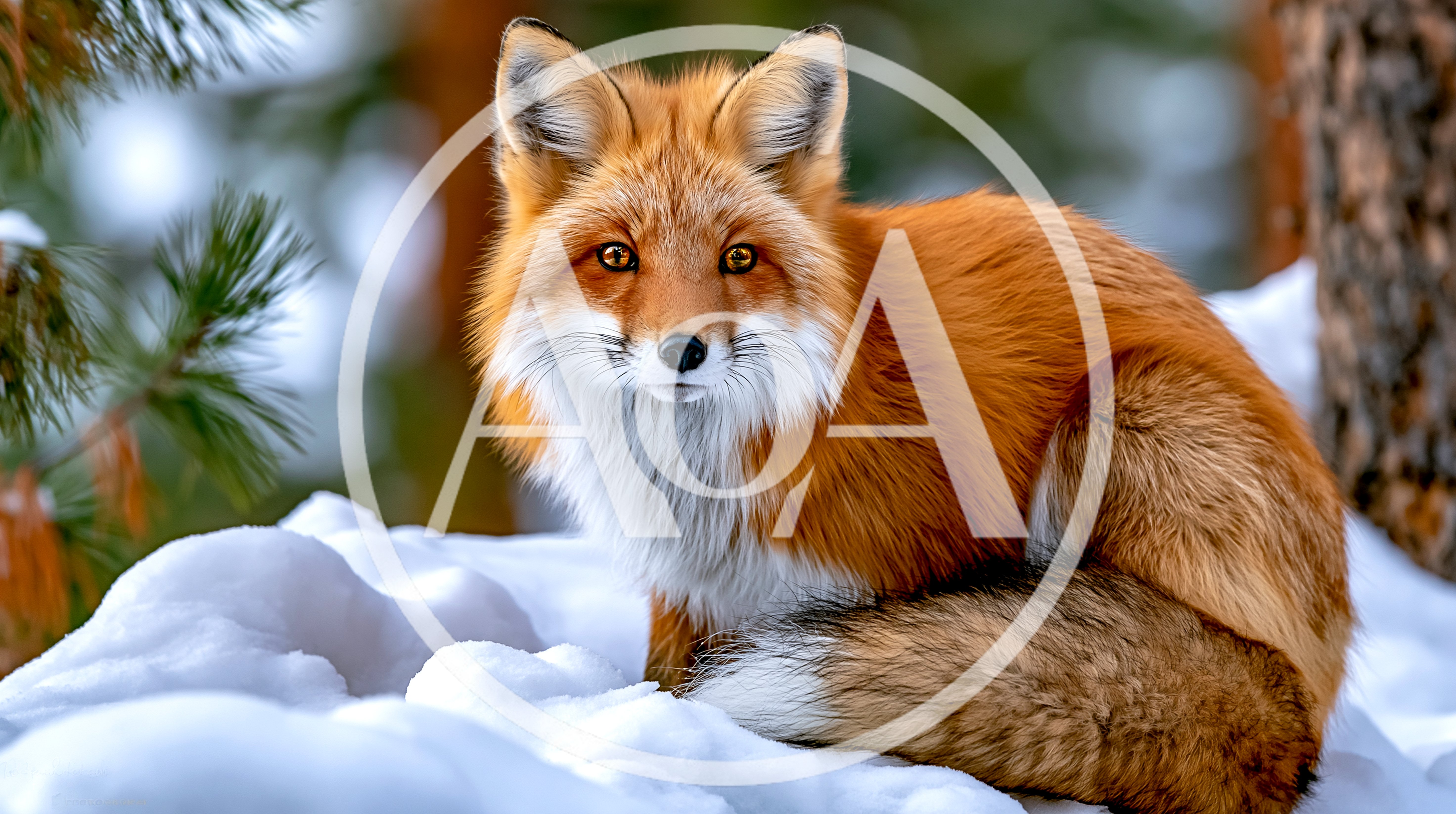 Red Fox Sitting In Snowy Forest Landscape