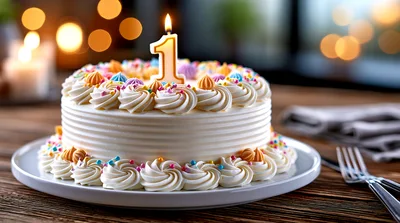First Birthday Cake With Lit Candle