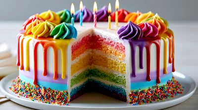 Rainbow Layer Cake With Drip Icing And Candles