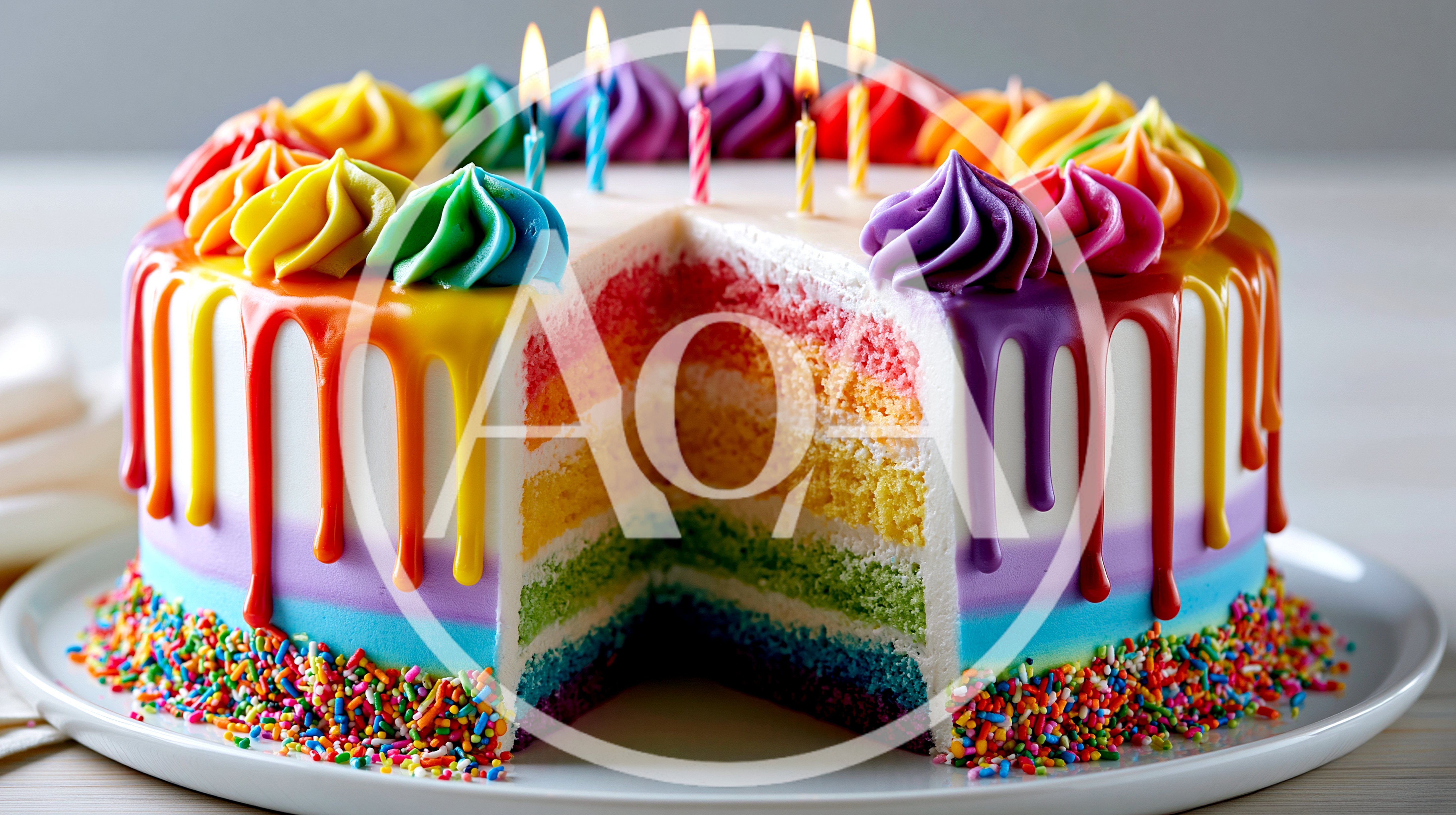 Rainbow Layer Cake With Drip Icing And Candles