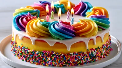 Colorful Rainbow Birthday Cake With Lit Candles