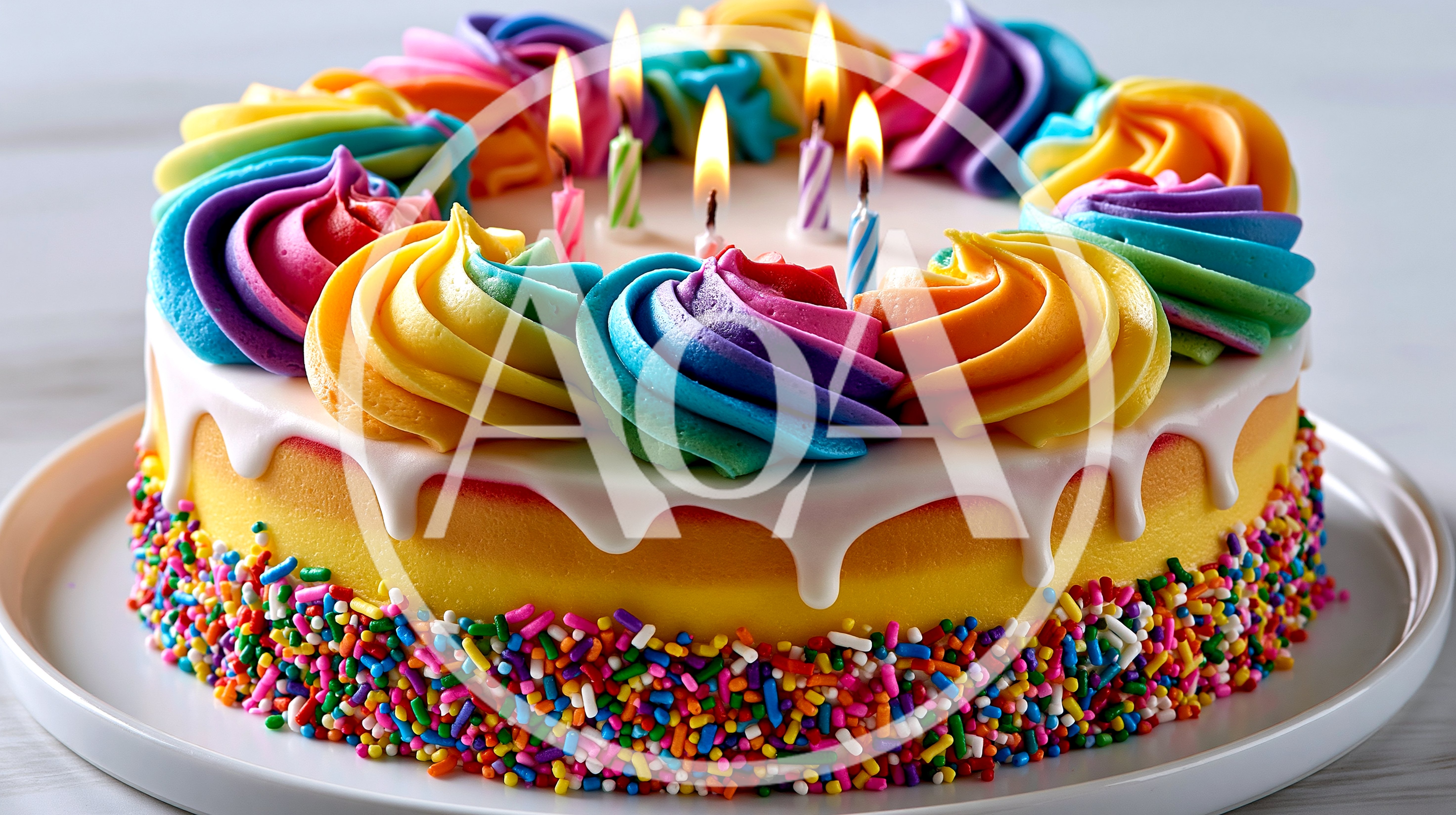 Colorful Rainbow Birthday Cake With Lit Candles