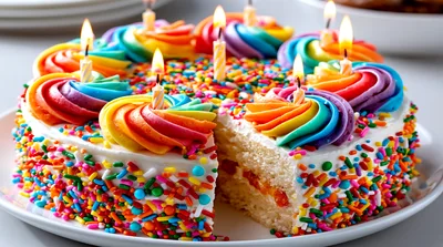 Rainbow Frosted Birthday Cake With Lit Candles