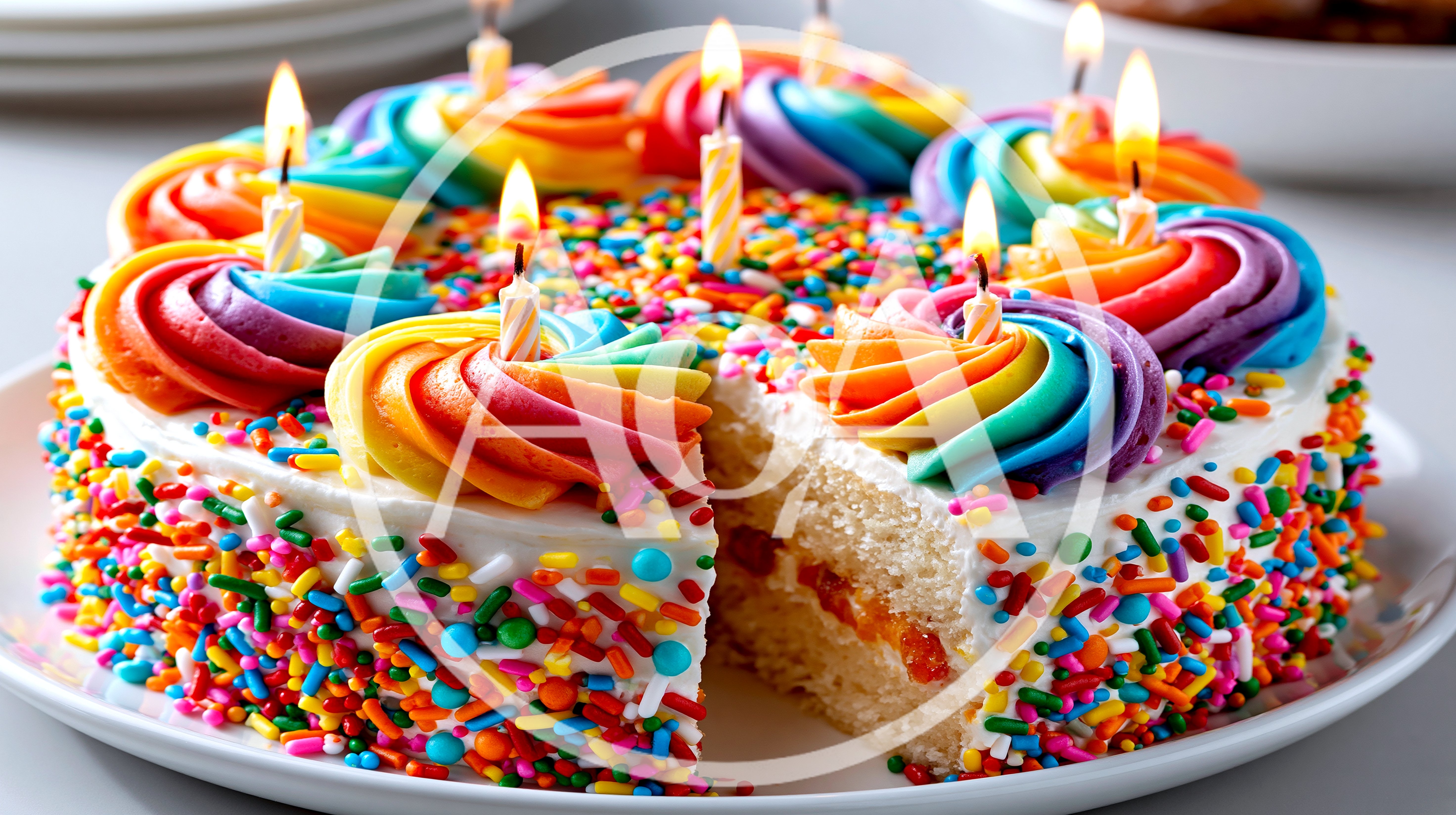 Rainbow Frosted Birthday Cake With Lit Candles