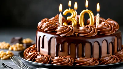Chocolate Birthday Cake With Number Thirty Candles