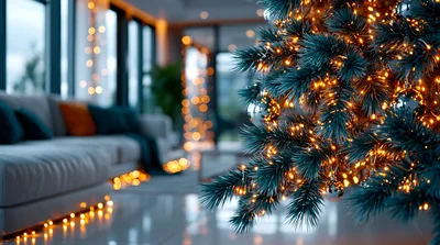 Christmas Tree With Warm Fairy Lights In Living Room