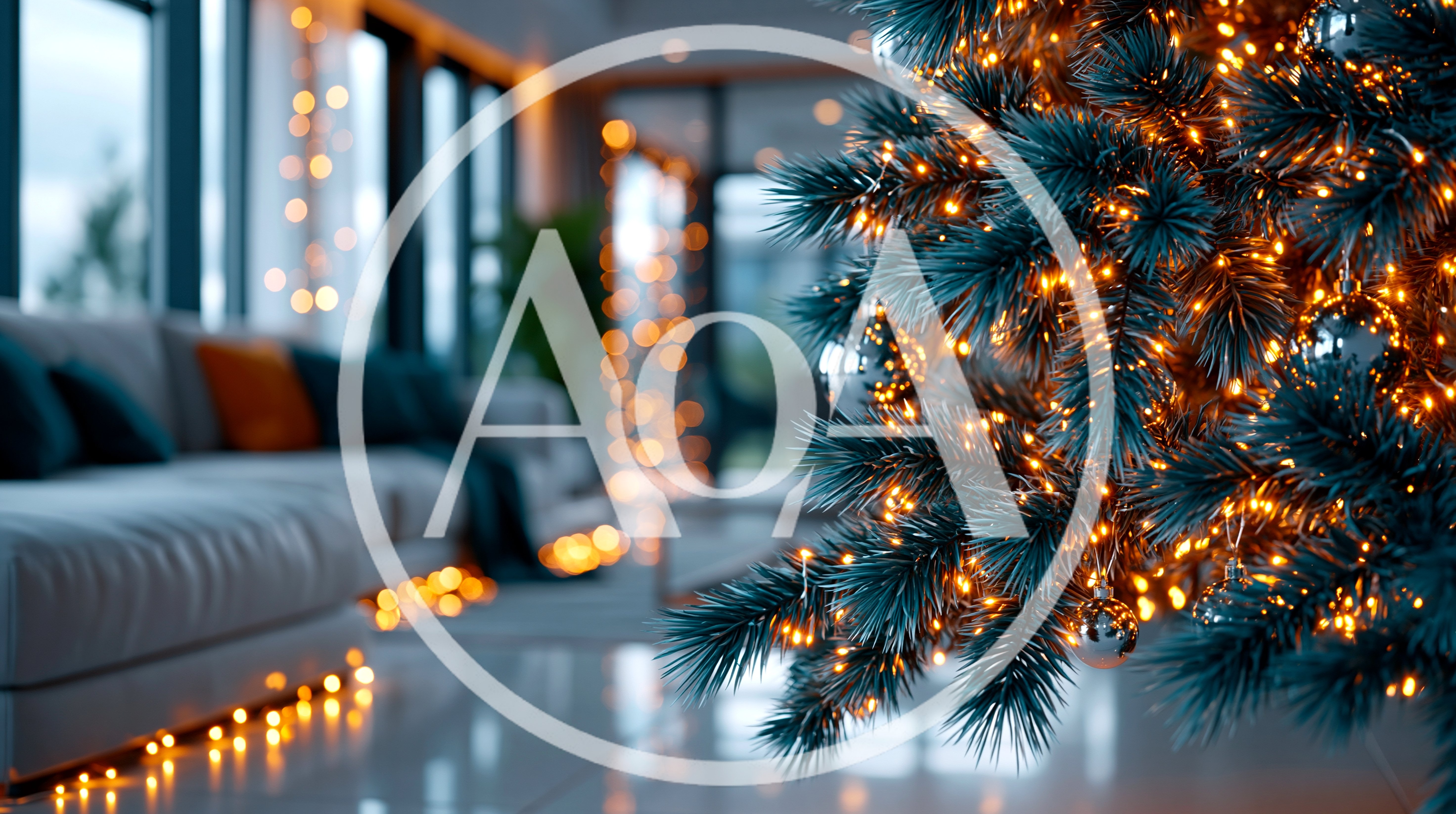 Christmas Tree With Warm Fairy Lights In Living Room