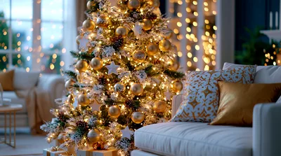 Decorated Christmas Tree In A Cozy Living Room