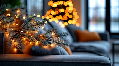 Christmas Pine Branch With Fairy Lights On Sofa