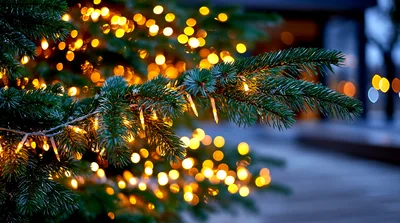 Christmas Tree Branches Decorated With Warm Glowing Fairy Lights