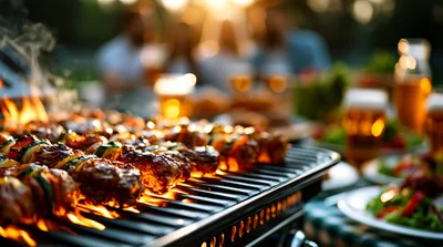 Grilled Meat Skewers Cooking On Outdoor Barbecue Grill