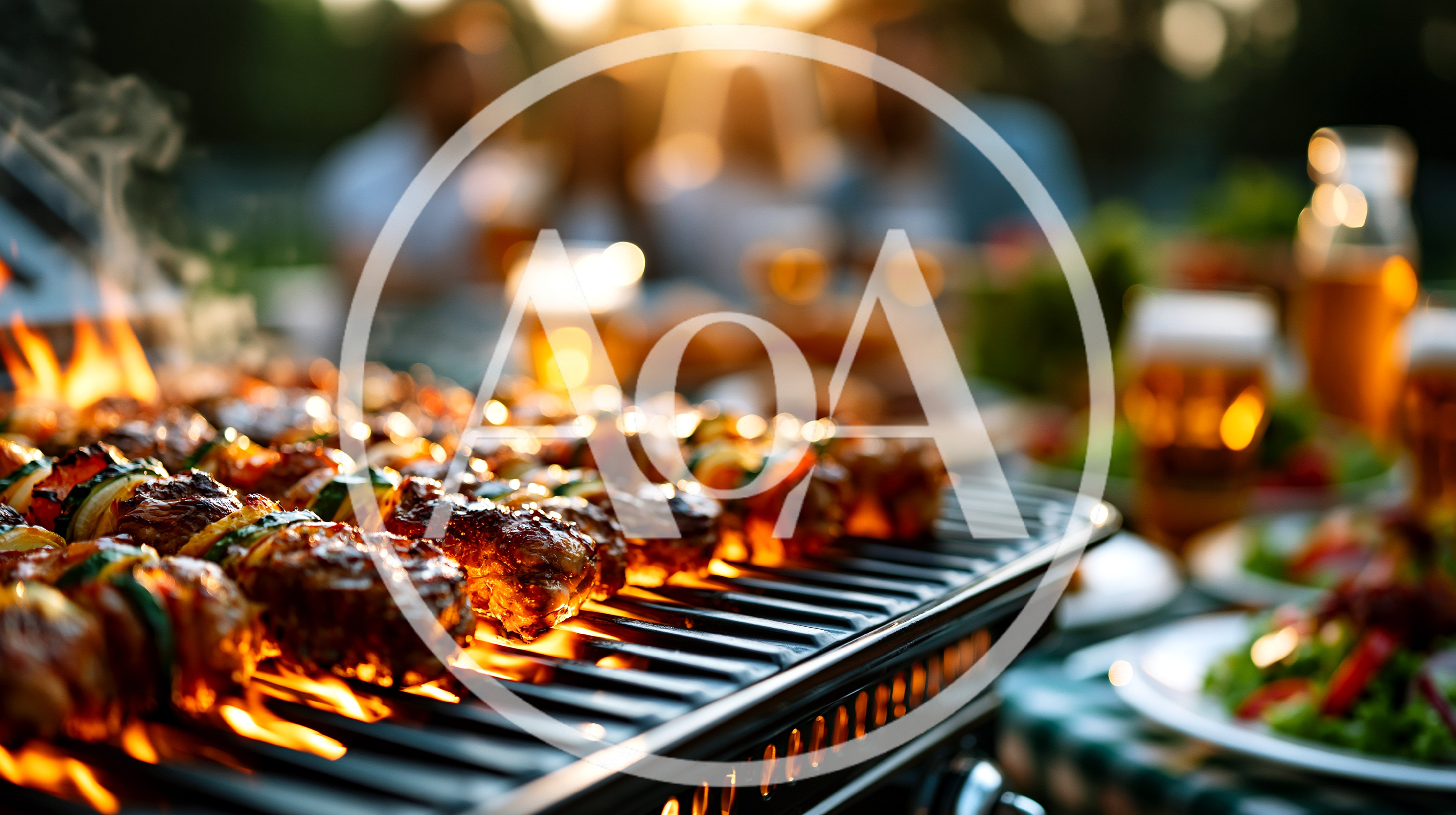 Grilled Meat Skewers Cooking On Outdoor Barbecue Grill