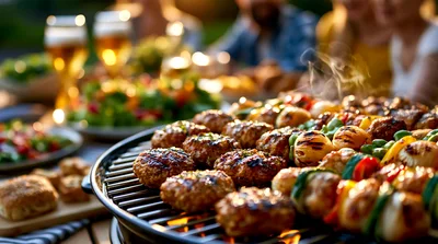 Grilled Meat Patties and Vegetable Skewers on Barbecue