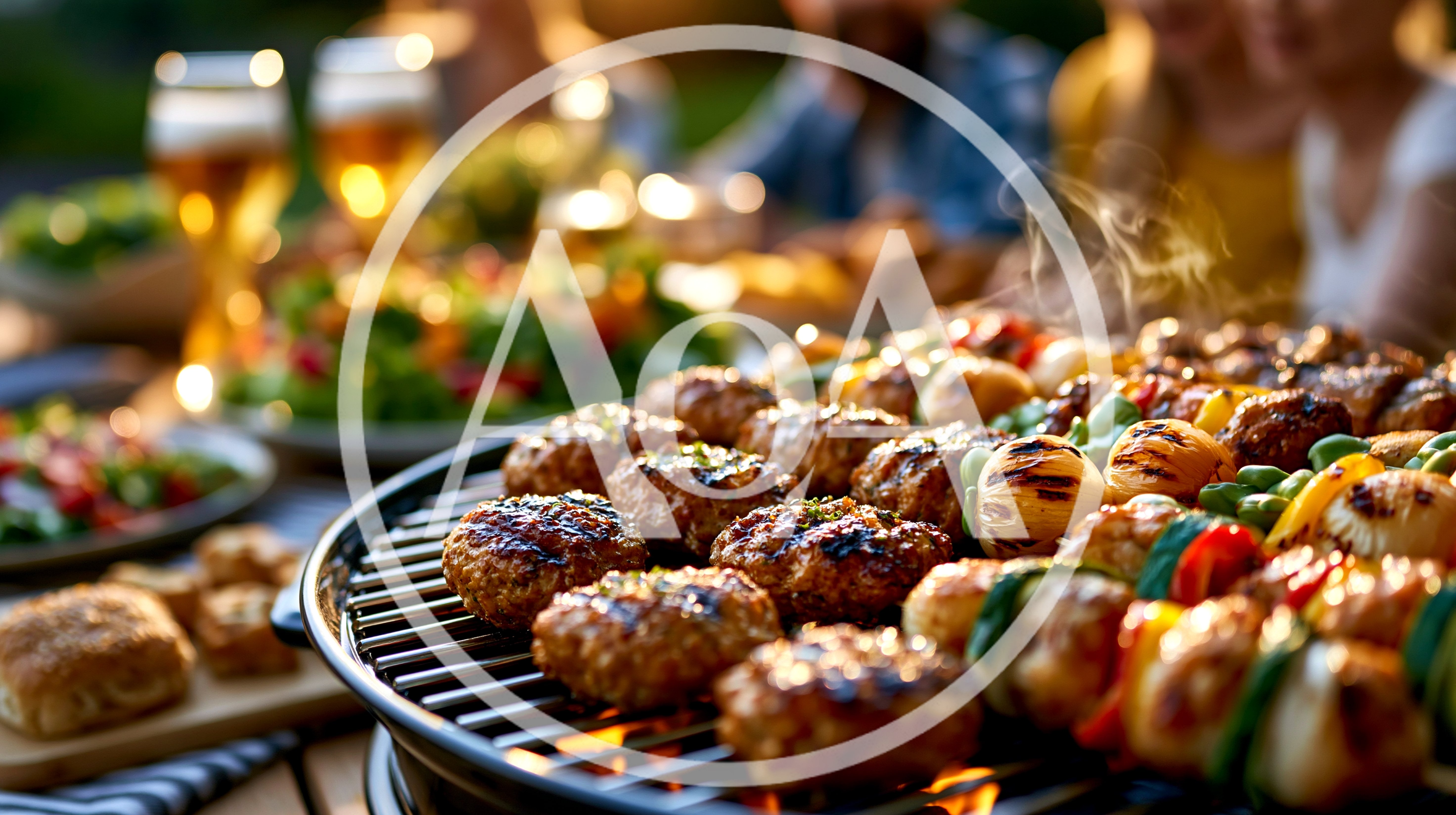 Grilled Meat Patties and Vegetable Skewers on Barbecue