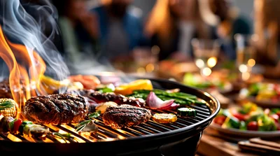 Grilled Burgers And Vegetables On A Flaming Barbecue Grill