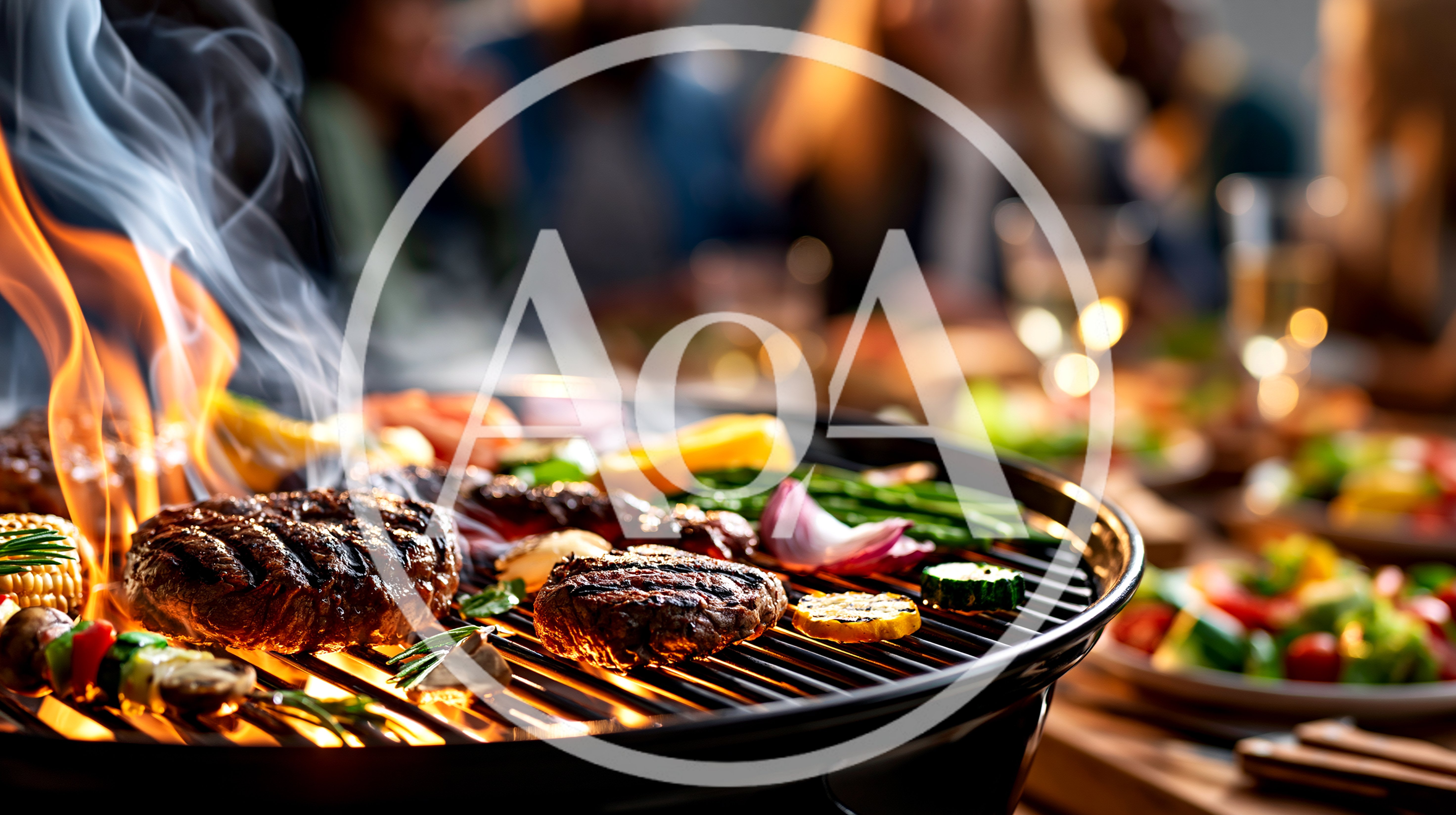 Grilled Burgers And Vegetables On A Flaming Barbecue Grill