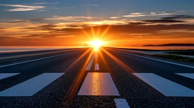 Sunrise Over An Empty Airport Runway