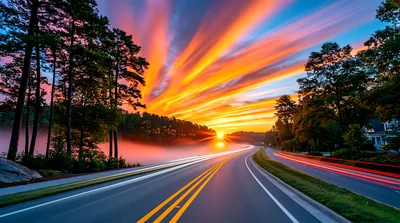 Scenic Roadway At Sunset With Vibrant Sky