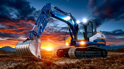 Blue Excavator Working on Construction Site at Sunset