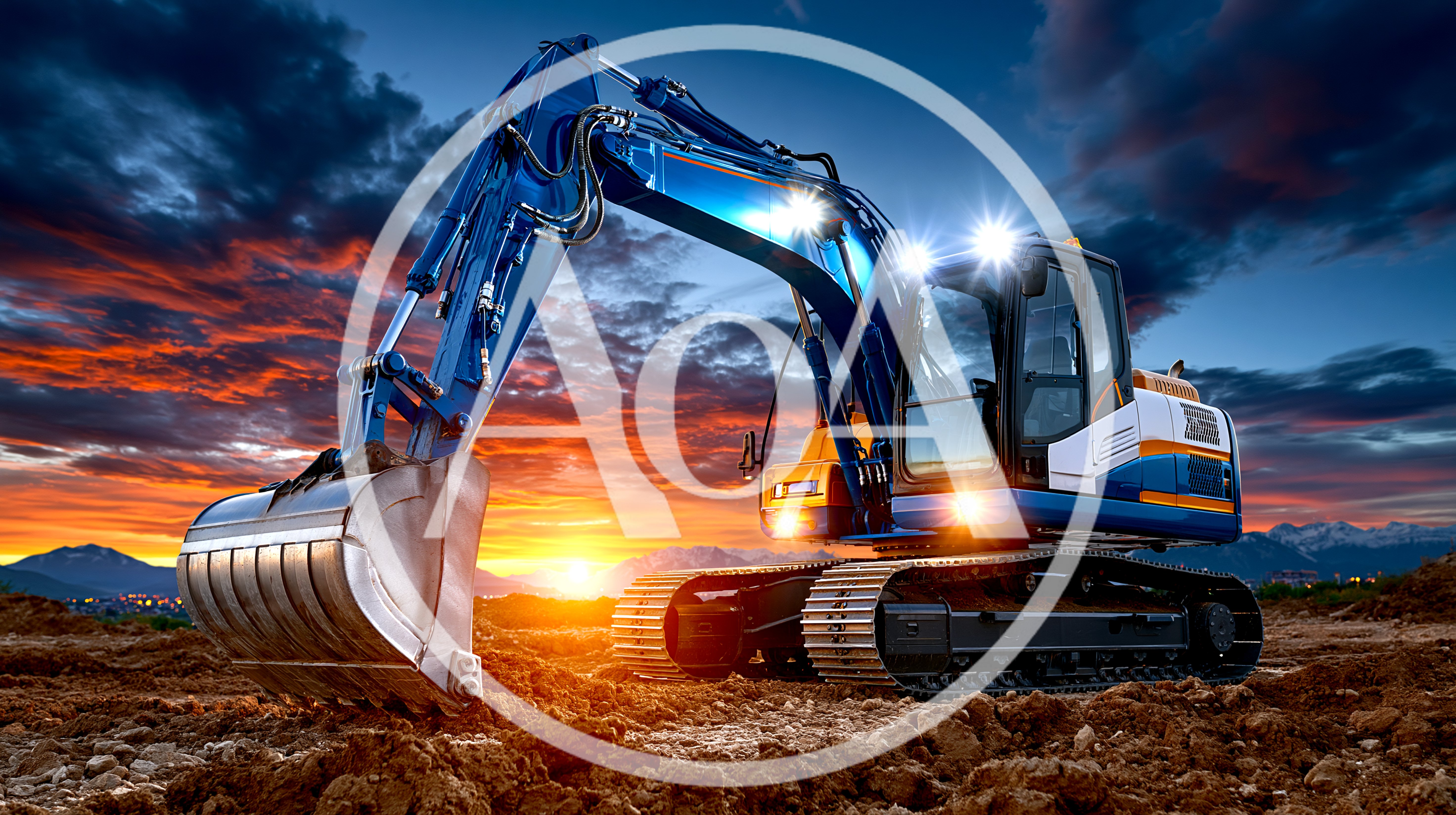 Blue Excavator Working on Construction Site at Sunset