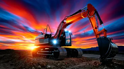 Orange Excavator Parked At Construction Site During Sunset