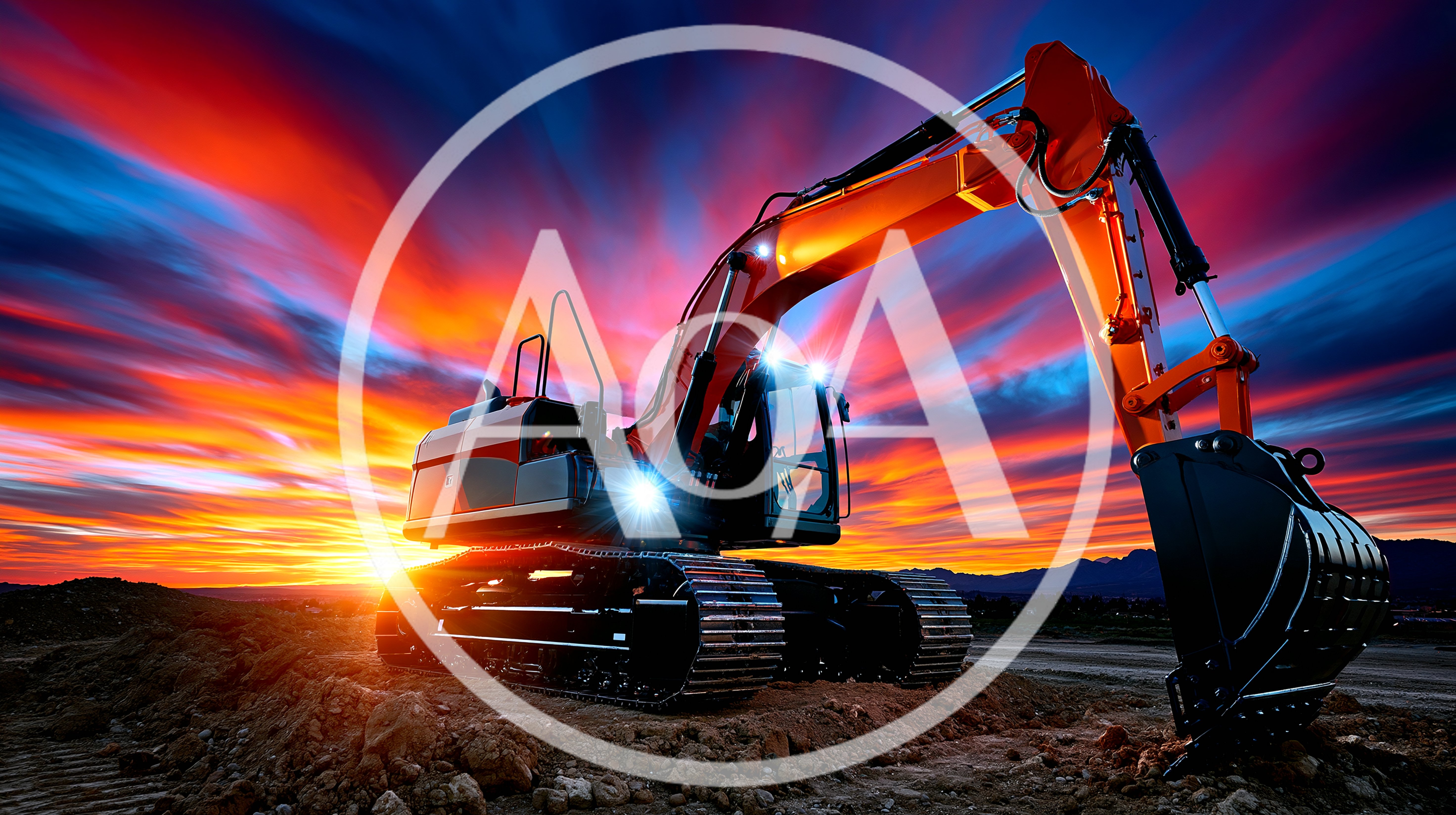Orange Excavator Parked At Construction Site During Sunset
