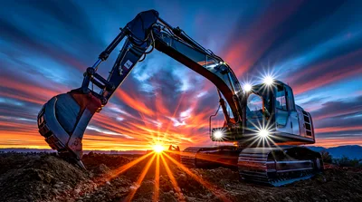 Excavator Working At Construction Site During Dramatic Sunset