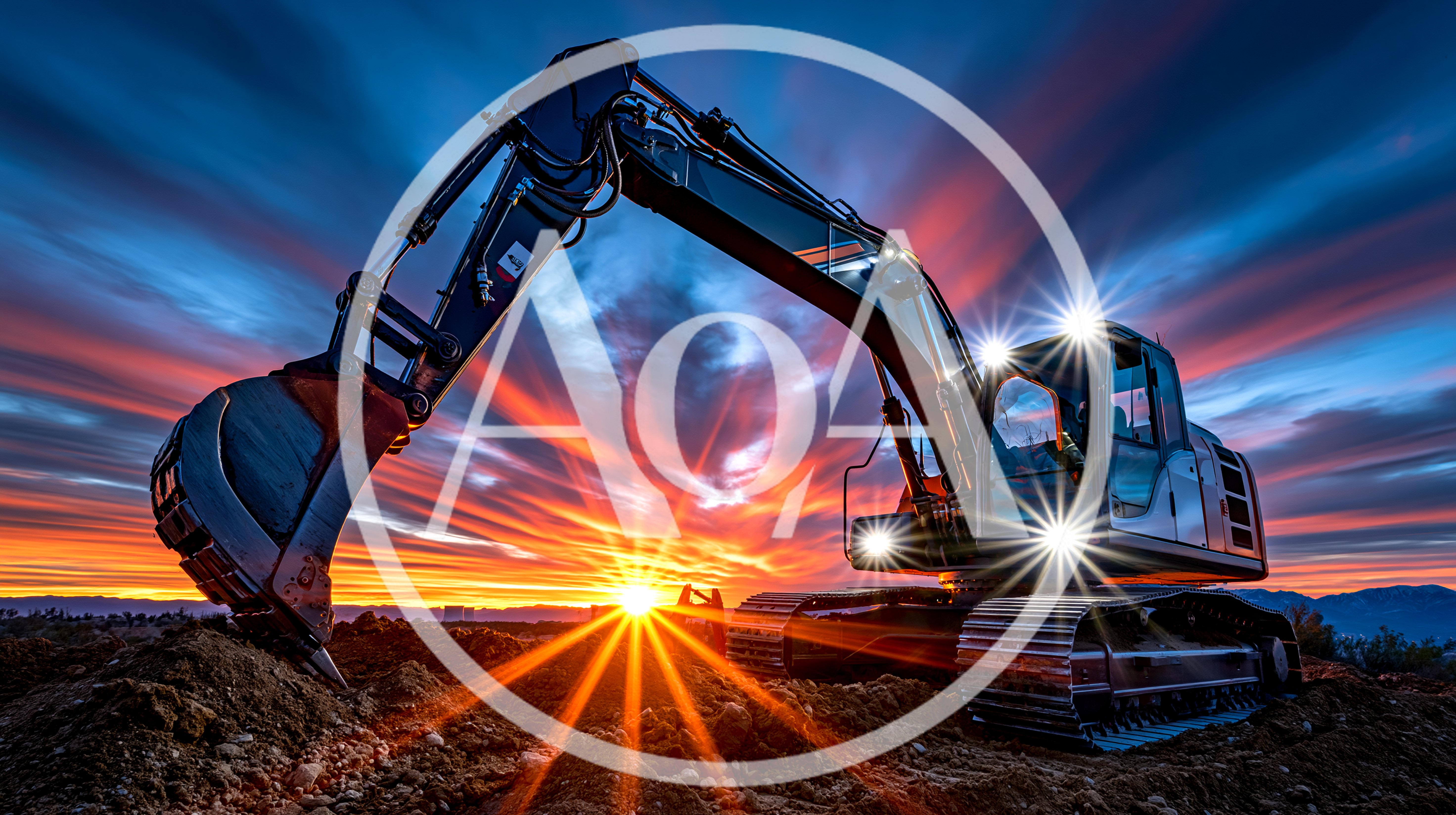 Excavator Working At Construction Site During Dramatic Sunset