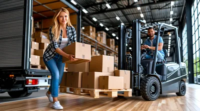 Warehouse Workers Loading Cardboard Boxes onto Forklift