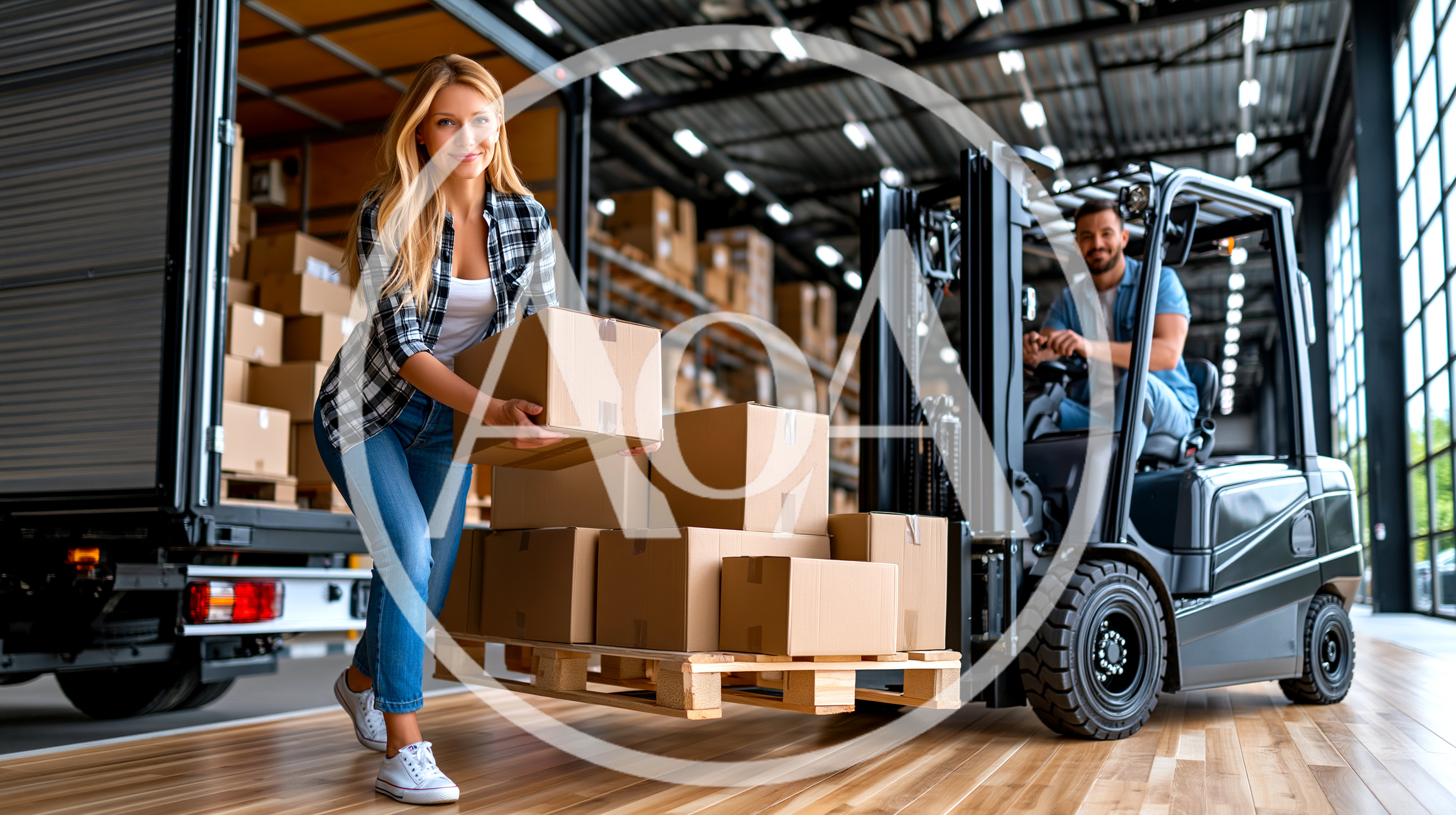 Warehouse Workers Loading Cardboard Boxes onto Forklift