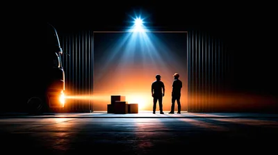 Warehouse Workers Standing Near Truck at Night