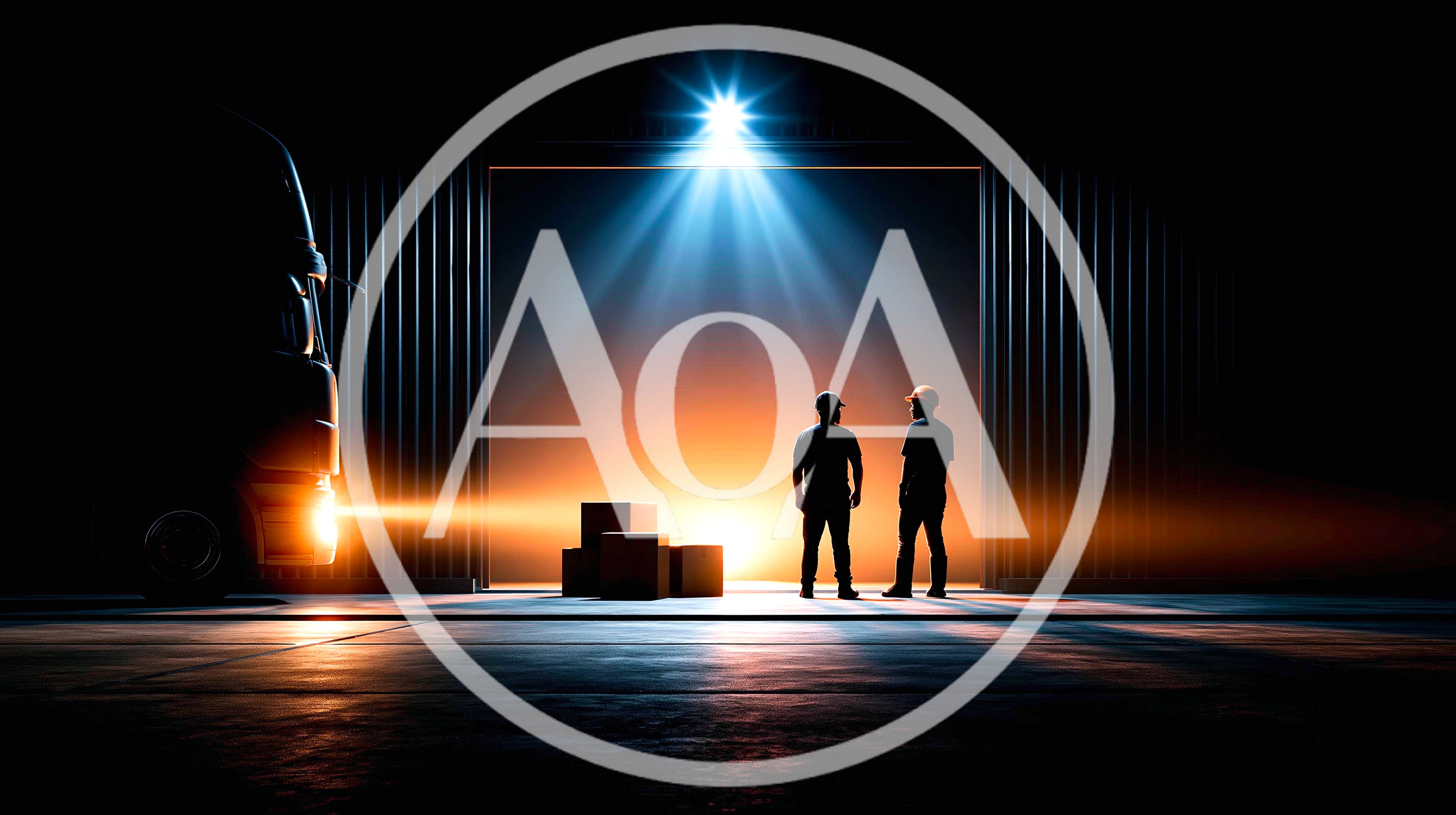 Warehouse Workers Standing Near Truck at Night