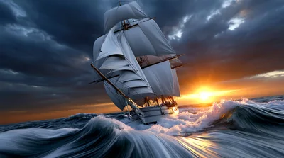 Tall Ship Sailing Through Rough Ocean Waves At Sunset