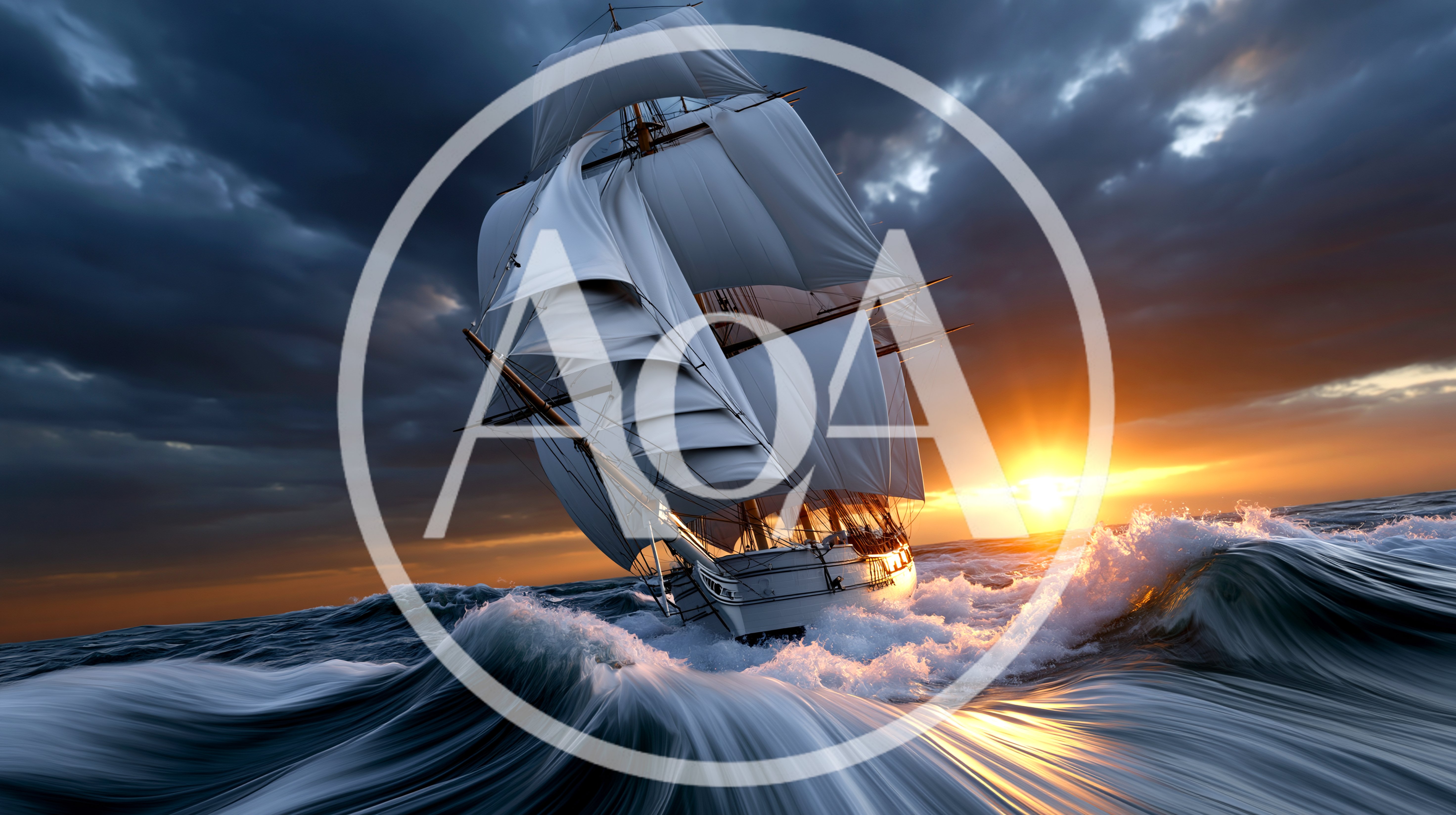 Tall Ship Sailing Through Rough Ocean Waves At Sunset