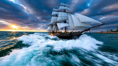 Tall Ship Sailing Through Rough Ocean Waves At Sunset