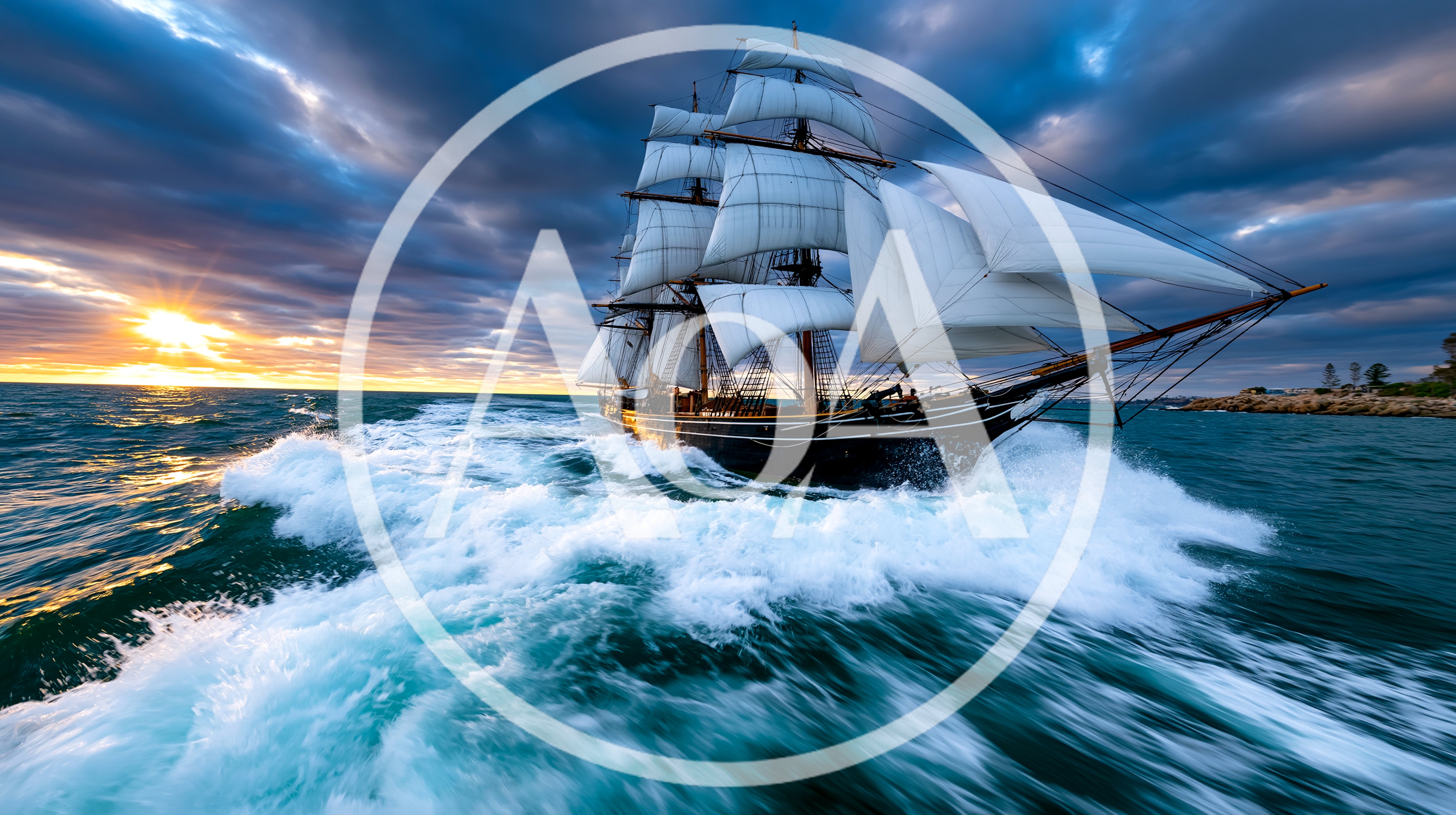 Tall Ship Sailing Through Rough Ocean Waves At Sunset