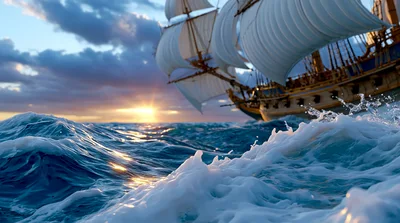Tall Ship Sailing Through Rough Ocean Waves At Sunset