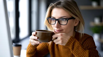 Young Woman Drinking Coffee While Working At Computer
