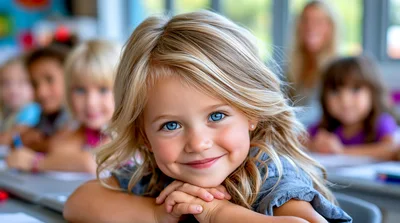 Young Blonde Girl Smiling In A Classroom Setting