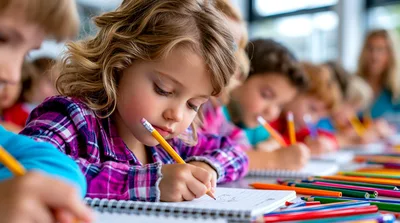Young Girl Drawing In A Classroom Setting