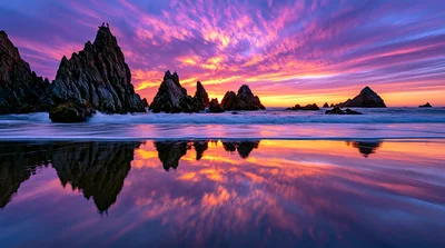 Dramatic Sunset Over Jagged Coastal Rock Formations