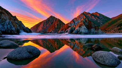 Pfeiffer Beach Sunset With Dramatic Mountain Reflections