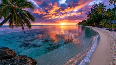 Tropical Beach Sunset With Palm Trees And Calm Ocean