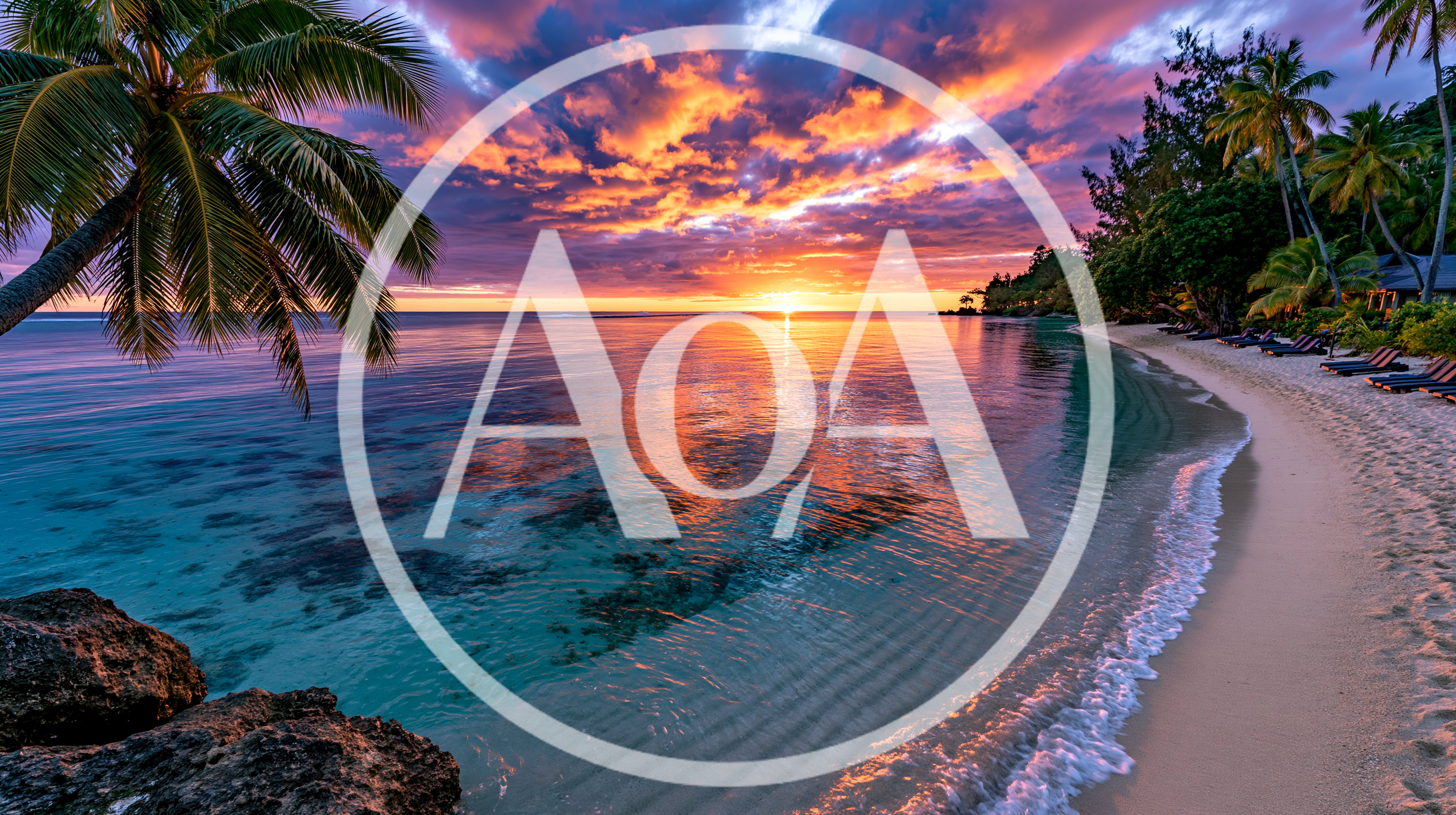 Tropical Beach Sunset With Palm Trees And Calm Ocean