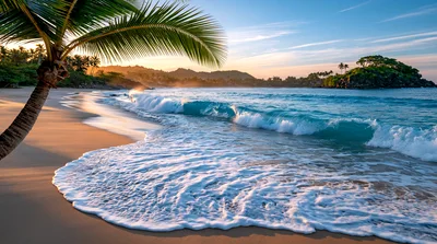 Tropical Beach Sunset With Crashing Ocean Waves