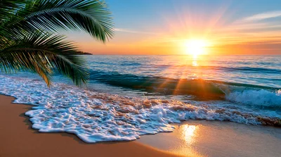 Tropical Beach Sunset With Palm Fronds